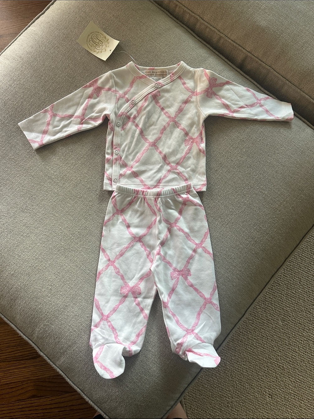 The Beaufort Bonnet Company White and Pink Lattice Baby Pajama Set nwt